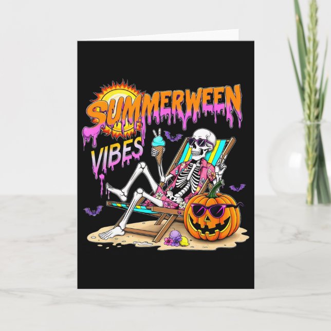 Summerween Vibes Skeleton Pumpkin Spooky Vacation  Card (Front)
