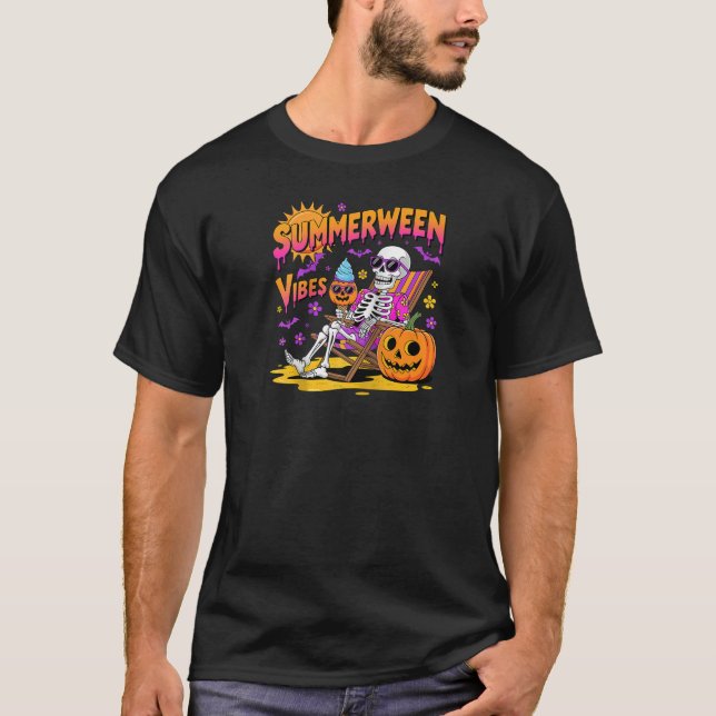 Summerween Vibes Skeleton Pumpkin Spooky Vacation  T-Shirt (Front)