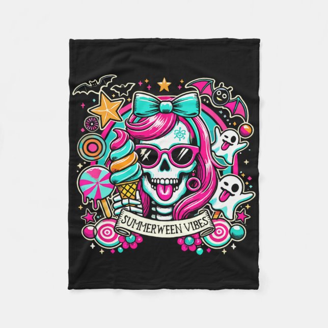 Summerween Vibes Skeleton Spooky Vacation Hallowee Fleece Blanket (Front)