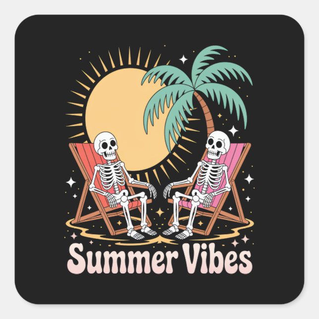 Summerween Vibes Skeleton Summer Vacation Beach Square Sticker (Front)