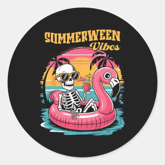 Summerween Vibes Skeleton Summer Vacation Funny Ha Classic Round Sticker (Front)