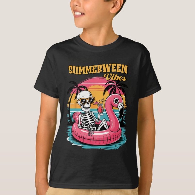 Summerween Vibes Skeleton Summer Vacation Funny Ha T-Shirt (Front)