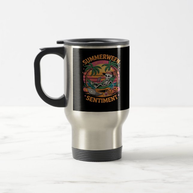 Summerween Vibes, Skeleton Summer Vacation, Summer Travel Mug (Left)