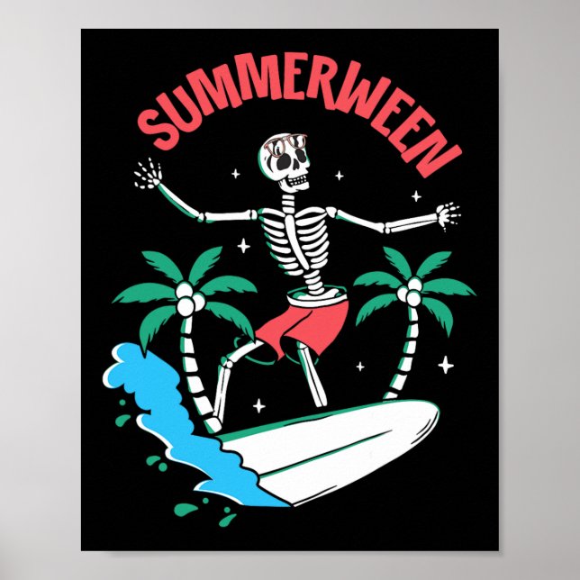 Summerween Vibes Skeleton Surfing Waves Summer Hal Poster (Front)