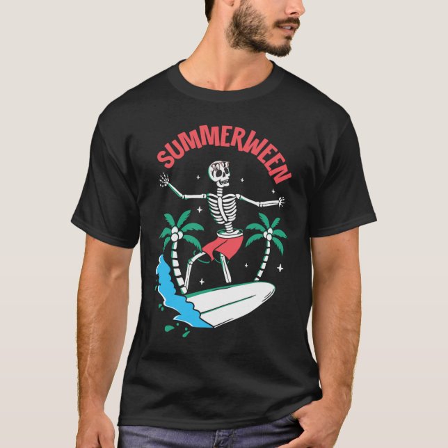 Summerween Vibes Skeleton Surfing Waves Summer Hal T-Shirt (Front)