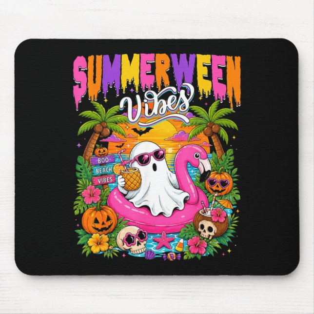 Summerween Vibes Spooky Ghost Beach Summer Mouse Mat (Front)