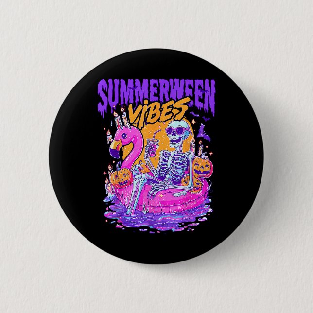 Summerween Vibes Spooky Skeleton Flamingo Pool Hal 6 Cm Round Badge (Front)