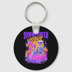Summerween Vibes Spooky Skeleton Flamingo Pool Hal Key Ring