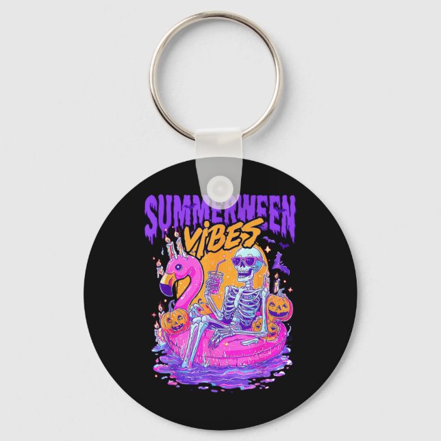Summerween Vibes Spooky Skeleton Flamingo Pool Hal Key Ring (Front)