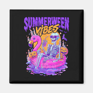 Summerween Vibes Spooky Skeleton Flamingo Pool Hal Magnet