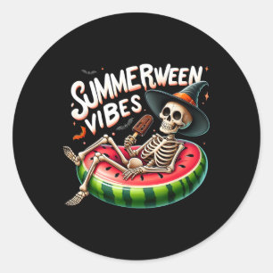 Summerween Vibes Spooky Skeleton Halloween Beach W Classic Round Sticker