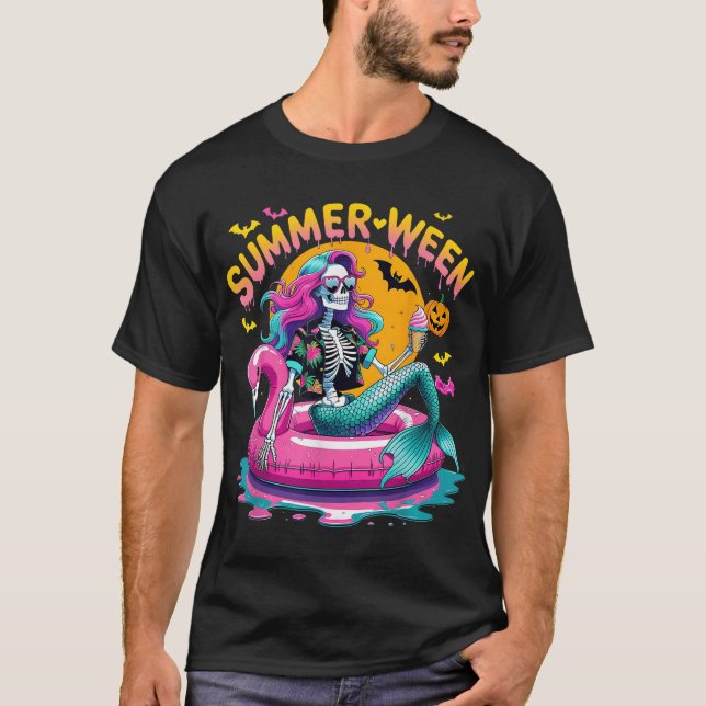 Summerween Vibes Spooky Summer Mermaid Skeleton  T-Shirt (Front)