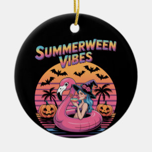 Summerween Vibes Witch Flamingo Ceramic Tree Decoration
