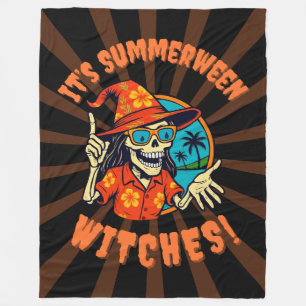 Summerween Witch Skeleton in Tropical Witch Hat 2  Fleece Blanket