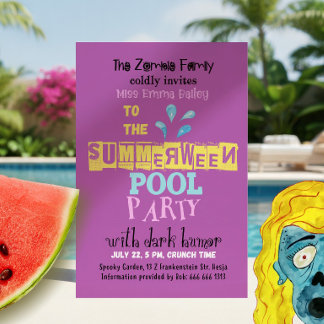 Summerween Zombie Pool Party Funny Invitation