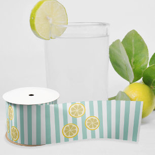 Summery Aqua Stripe & Lemon Slices - can add text Satin Ribbon