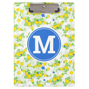 Summery Blue and Yellow Lemons Floral Pattern Clip Clipboard