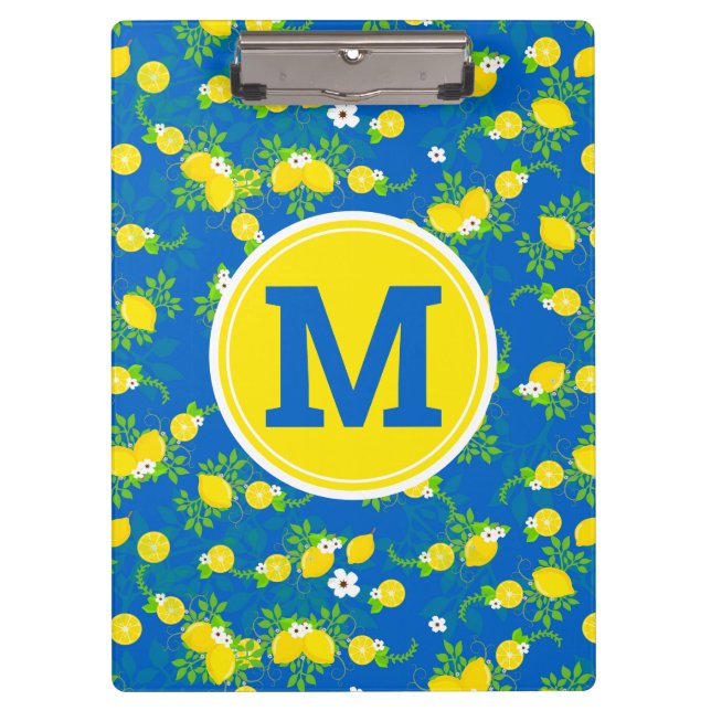 Summery Blue and Yellow Lemons Floral Pattern Clipboard (Front)
