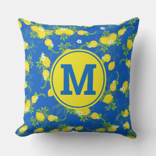 Summery Blue and Yellow Lemons Floral Pattern Cushion