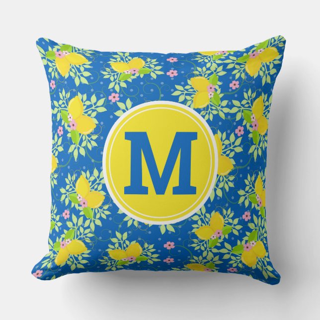 Summery Blue and Yellow Lemons Floral Pattern Cushion (Front)