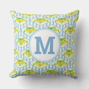 Summery Blue and Yellow Lemons Floral Pattern Cushion