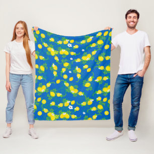 Summery Blue and Yellow Lemons Floral Pattern Fleece Blanket