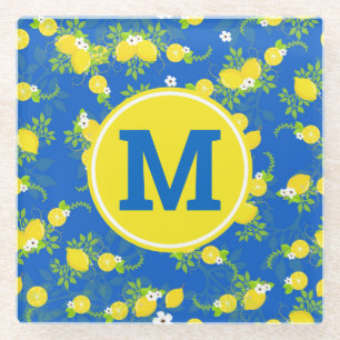 Summery Blue and Yellow Lemons Floral Pattern Glass Coaster