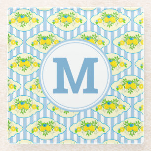 Summery Blue and Yellow Lemons Floral Pattern Glass Coaster