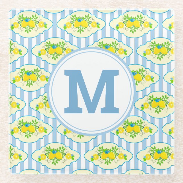 Summery Blue and Yellow Lemons Floral Pattern Glass Coaster (Front)
