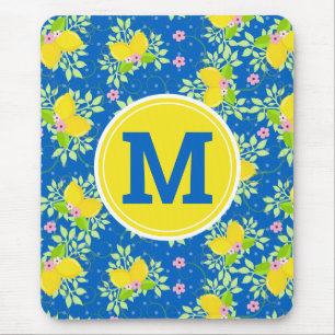 Summery Blue and Yellow Lemons Floral Pattern Mouse Mat