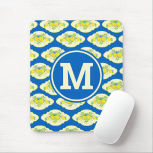 Summery Blue and Yellow Lemons Floral Pattern Mouse Mat
