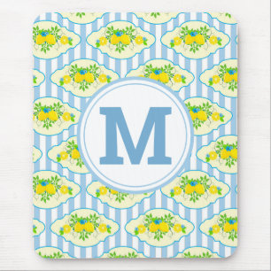 Summery Blue and Yellow Lemons Floral Pattern Mouse Mat