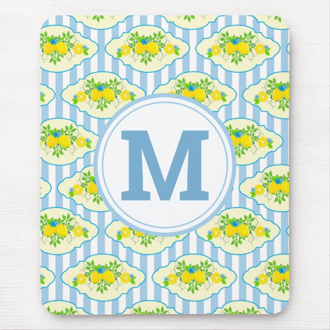 Summery Blue and Yellow Lemons Floral Pattern Mouse Mat (Front)