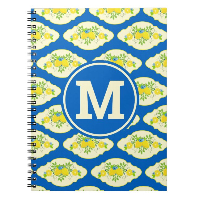 Summery Blue and Yellow Lemons Floral Pattern Notebook (Front)