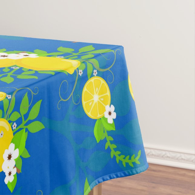 Summery Blue and Yellow Lemons Floral Pattern Tablecloth (In Situ)