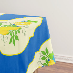 Summery Blue and Yellow Lemons Floral Pattern Tablecloth