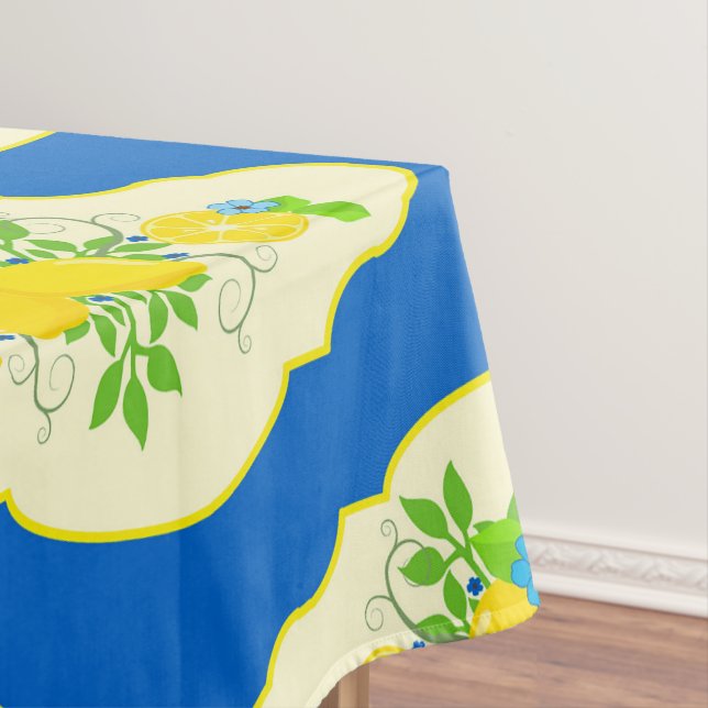Summery Blue and Yellow Lemons Floral Pattern Tablecloth (In Situ)