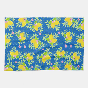 Summery Blue and Yellow Lemons Floral Pattern Tea Towel