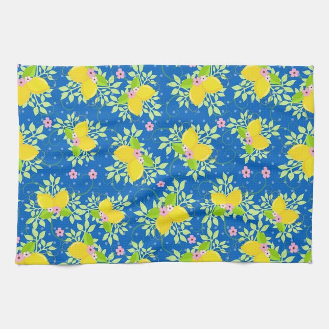 Summery Blue and Yellow Lemons Floral Pattern Tea Towel (Horizontal)