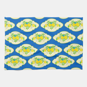 Summery Blue and Yellow Lemons Floral Pattern Tea Towel
