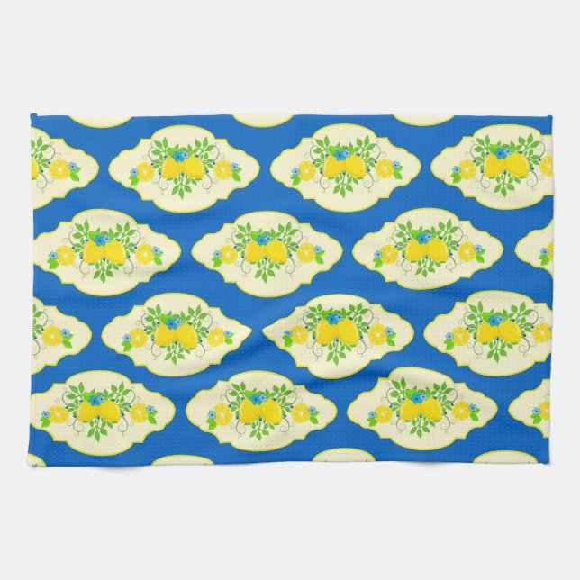 Summery Blue and Yellow Lemons Floral Pattern Tea Towel (Horizontal)