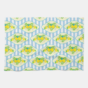 Summery Blue and Yellow Lemons Floral Pattern Tea Towel