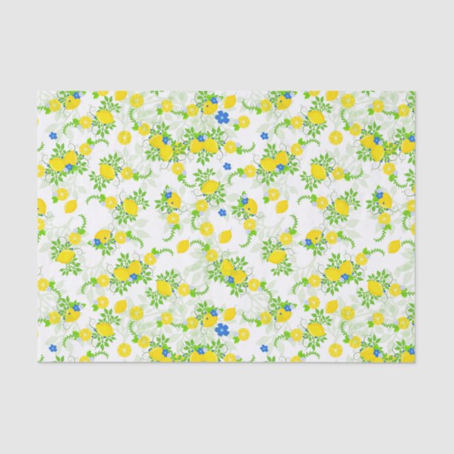Summery Blue and Yellow Lemons Floral Pattern Tissue Paper (Front)