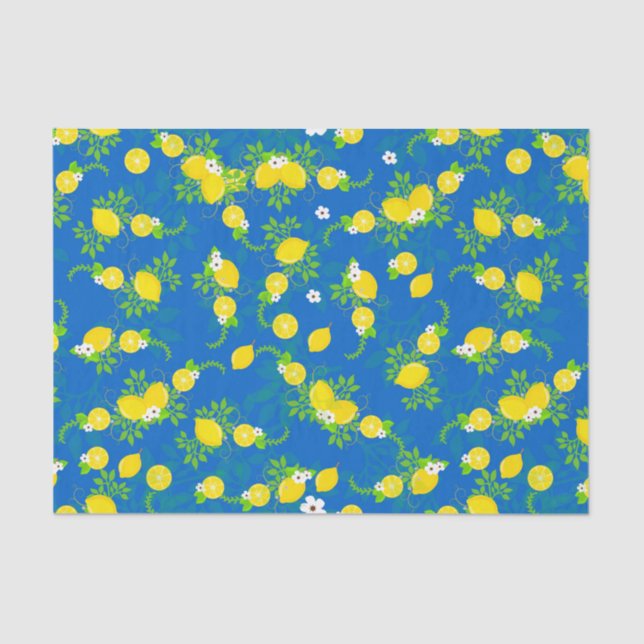 Summery Blue and Yellow Lemons Floral Pattern Tissue Paper (Front)