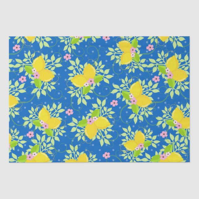 Summery Blue and Yellow Lemons Floral Pattern Tissue Paper (Front)