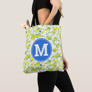 Summery Blue and Yellow Lemons Floral Pattern Tote Bag