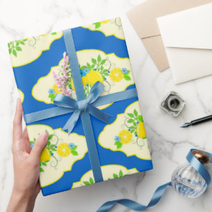 Summery Blue and Yellow Lemons Floral Pattern Wrapping Paper