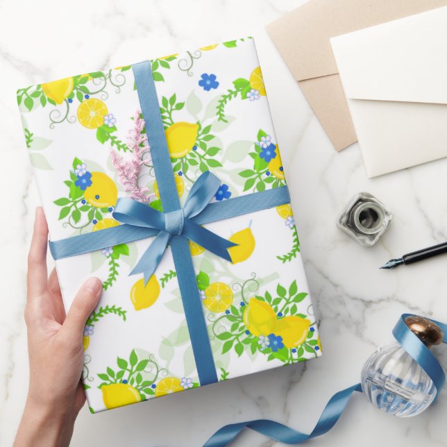 Summery Blue and Yellow Lemons Floral Pattern Wrapping Paper (Gifting)