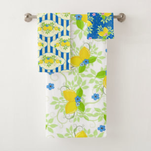 Summery Blue and Yellow Lemons Floral Patterns Bath Towel Set