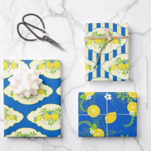 Summery Blue and Yellow Lemons Floral Patterns Wrapping Paper Sheet